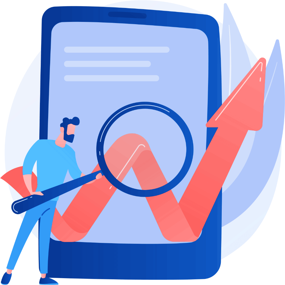Person with magnifying glass and screen Employees and Managers save time and increase productivity