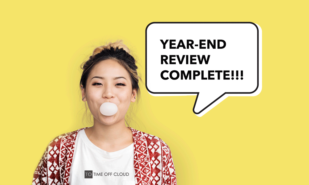 Year-End Review Complete word bubble with lady blowing bubble gum